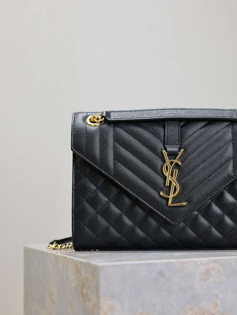 YSL 600185 Envelope Meduim In Quilted Grain De Poudre Embossed Leather Black Gold