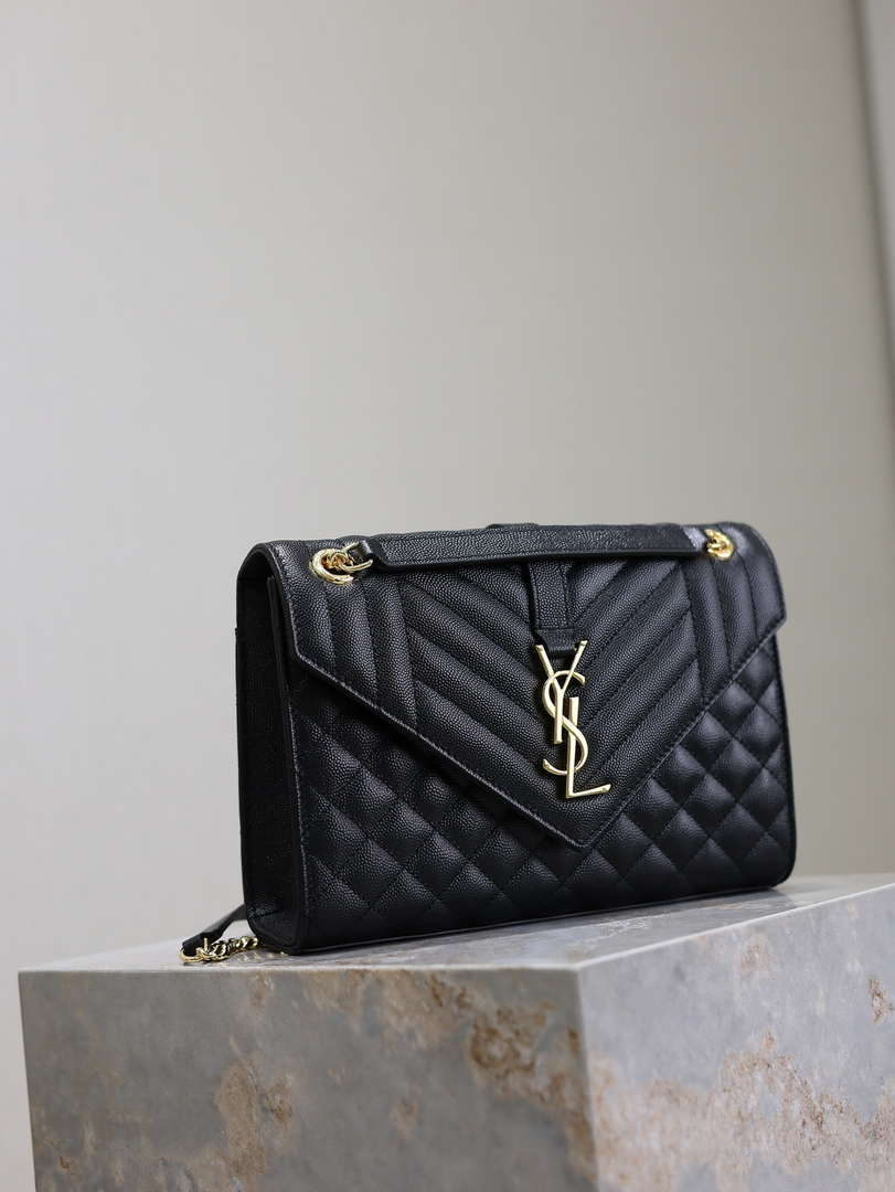 YSL 600185 Envelope Meduim In Quilted Grain De Poudre Embossed Leather Black Gold