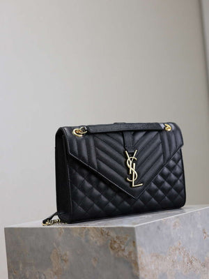 YSL 600185 Envelope Meduim In Quilted Grain De Poudre Embossed Leather Black Gold - Default Title - View 10