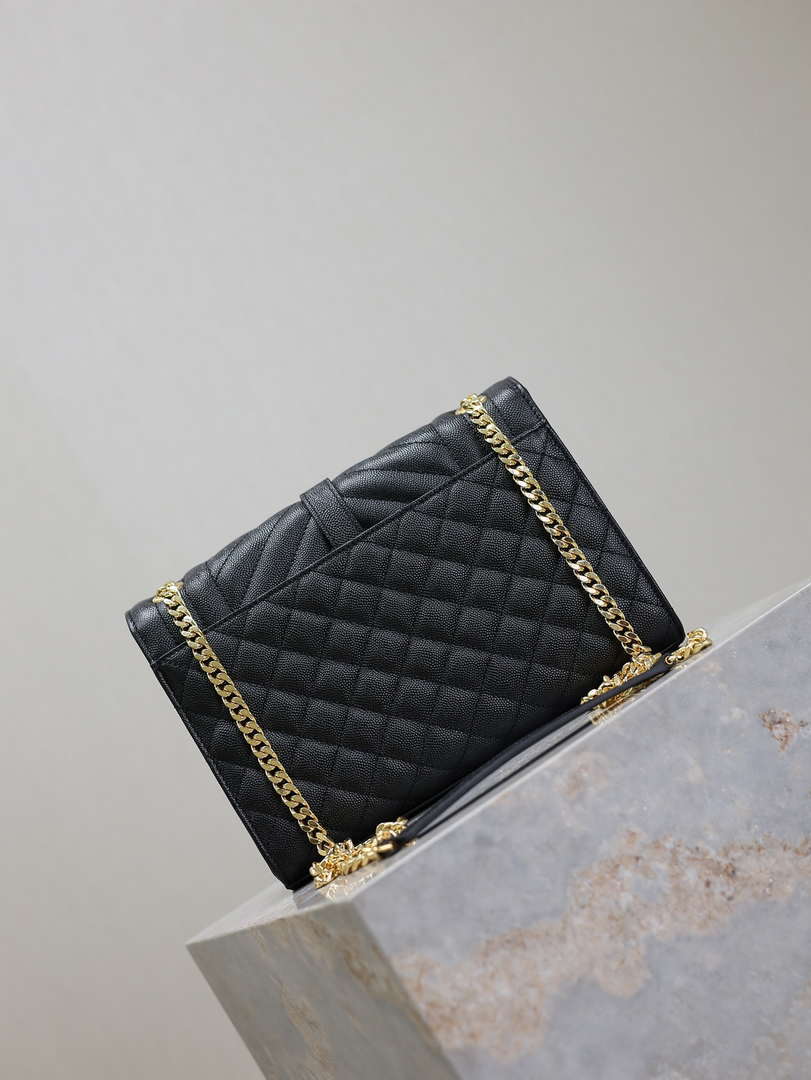 YSL 600185 Envelope Meduim In Quilted Grain De Poudre Embossed Leather Black Gold