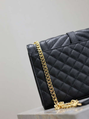 YSL 600185 Envelope Meduim In Quilted Grain De Poudre Embossed Leather Black Gold - Default Title - View 12