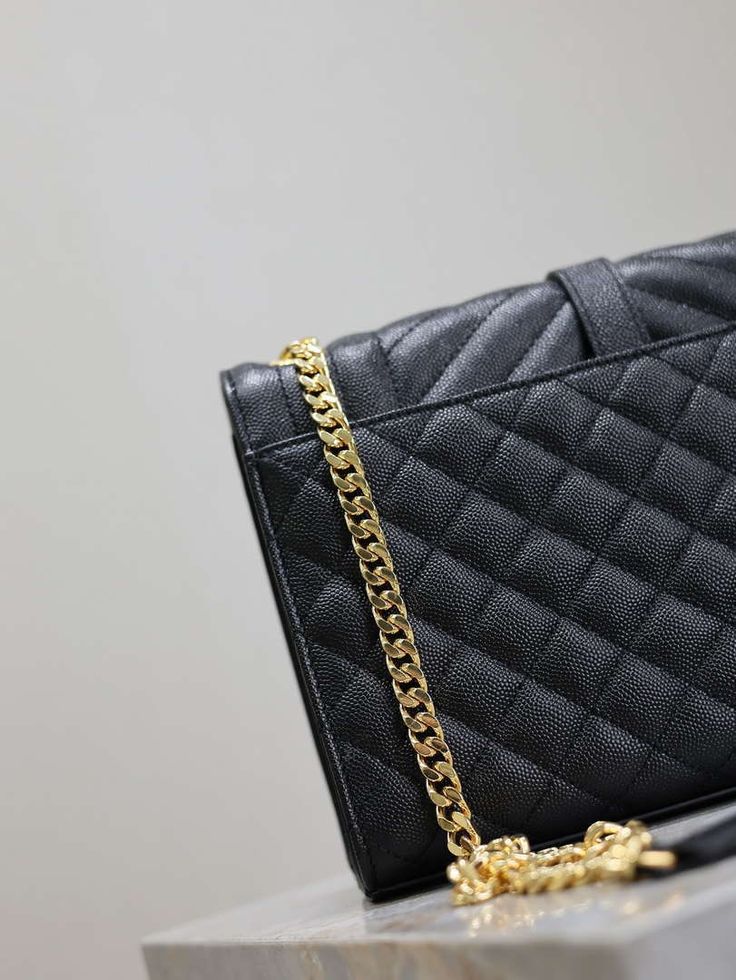 YSL 600185 Envelope Meduim In Quilted Grain De Poudre Embossed Leather Black Gold