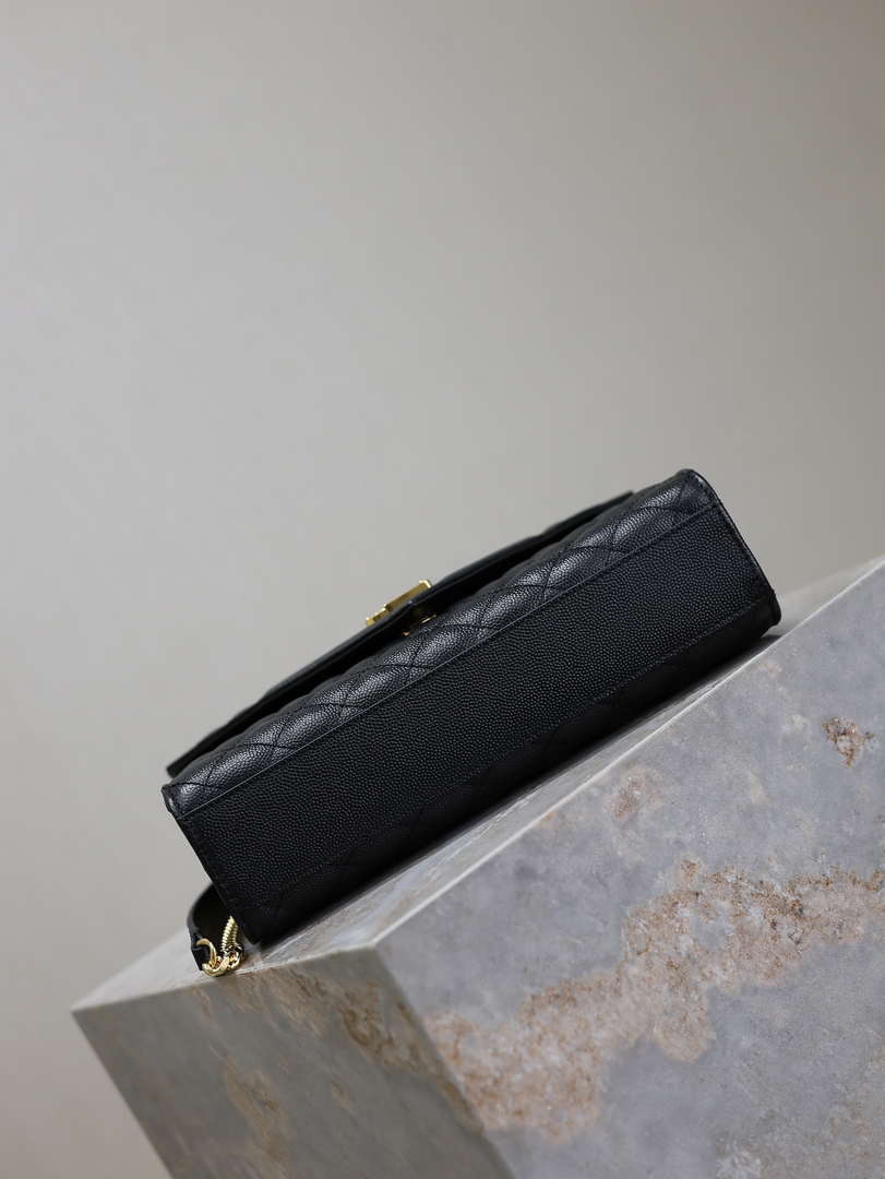 YSL 600185 Envelope Meduim In Quilted Grain De Poudre Embossed Leather Black Gold