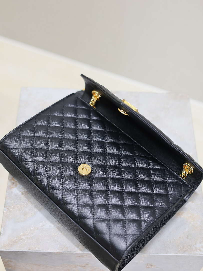 YSL 600185 Envelope Meduim In Quilted Grain De Poudre Embossed Leather Black Gold