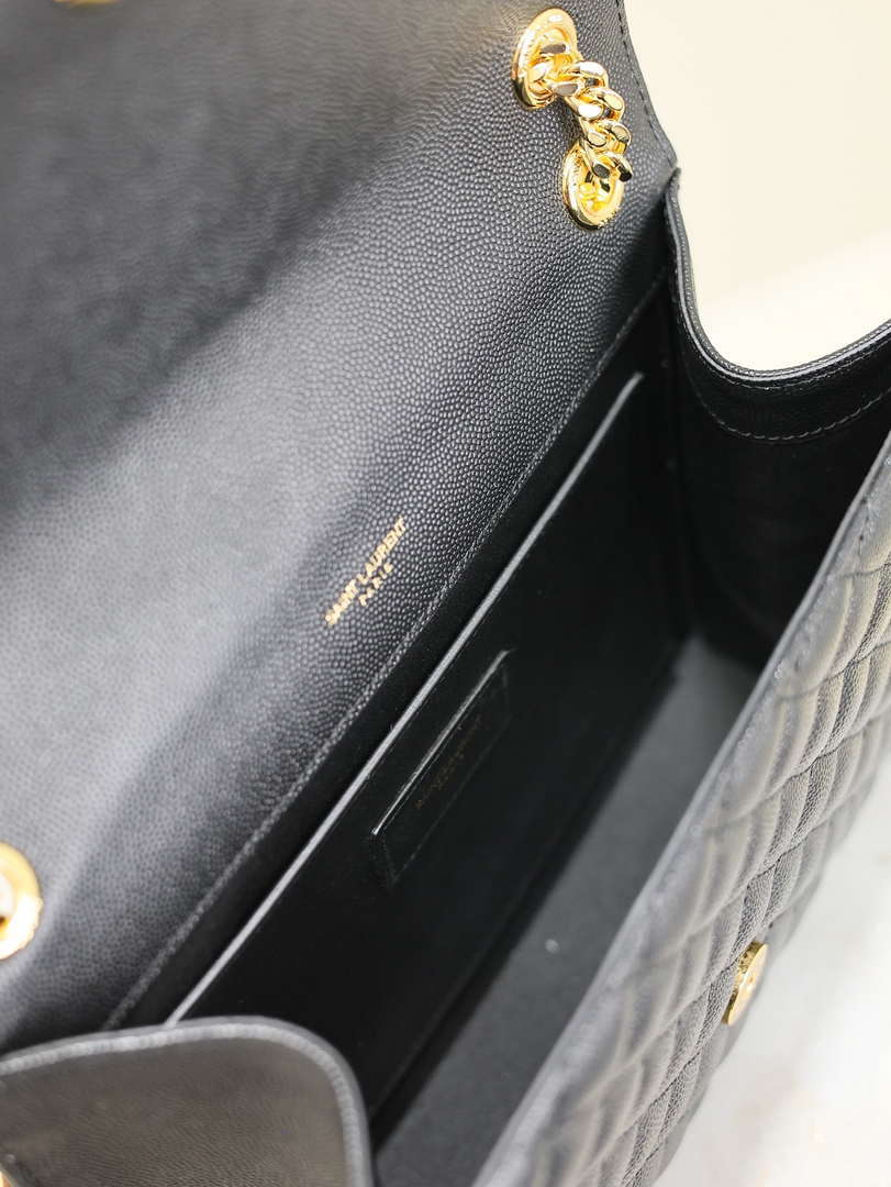 YSL 600185 Envelope Meduim In Quilted Grain De Poudre Embossed Leather Black Gold