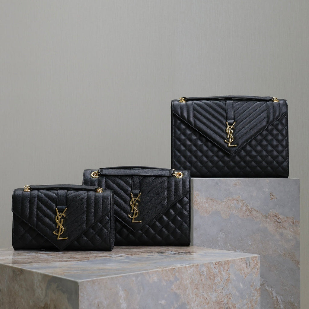 YSL 600185 Envelope Meduim In Quilted Grain De Poudre Embossed Leather Black Gold