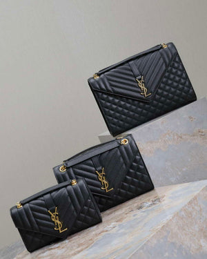 YSL 600185 Envelope Meduim In Quilted Grain De Poudre Embossed Leather Black Gold - Default Title - View 2