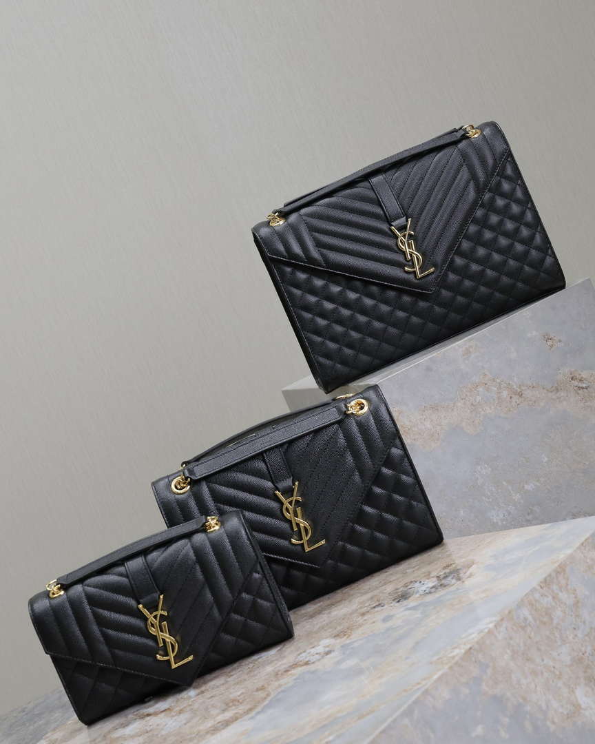 YSL 600185 Envelope Meduim In Quilted Grain De Poudre Embossed Leather Black Gold