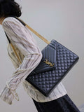 YSL 600185 Envelope Meduim In Quilted Grain De Poudre Embossed Leather Black Gold