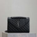 YSL 600185 Envelope Meduim In Quilted Grain De Poudre Embossed Leather Black Silver - Default Title - View 1