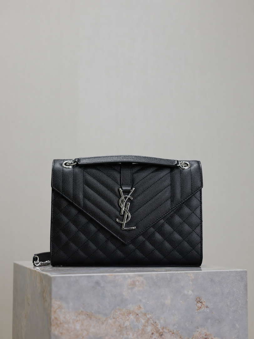 YSL 600185 Envelope Meduim In Quilted Grain De Poudre Embossed Leather Black Silver
