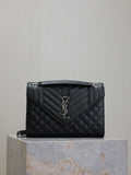 YSL 600185 Envelope Meduim In Quilted Grain De Poudre Embossed Leather Black Silver