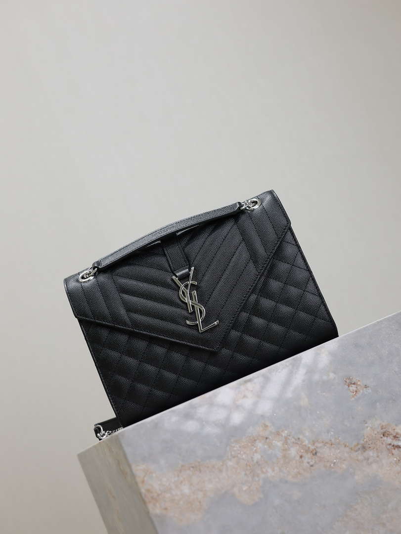 YSL 600185 Envelope Meduim In Quilted Grain De Poudre Embossed Leather Black Silver