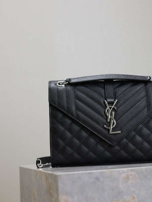 YSL 600185 Envelope Meduim In Quilted Grain De Poudre Embossed Leather Black Silver - Default Title - View 3