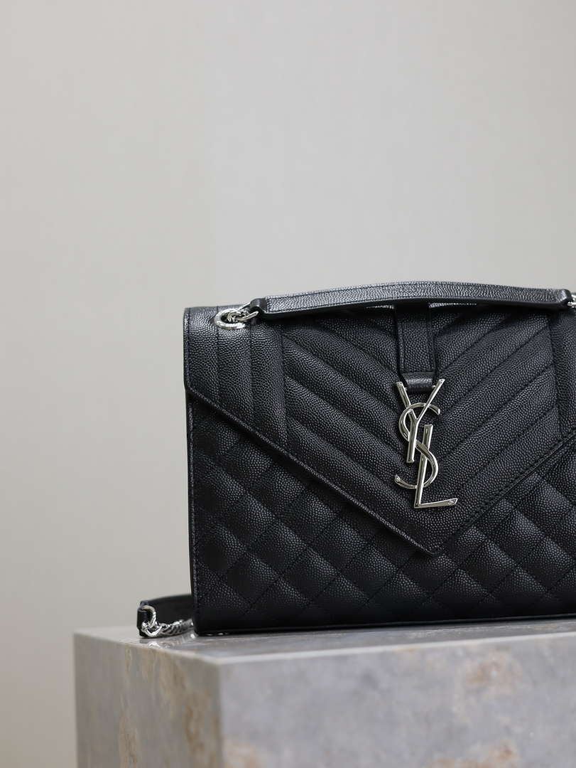 YSL 600185 Envelope Meduim In Quilted Grain De Poudre Embossed Leather Black Silver