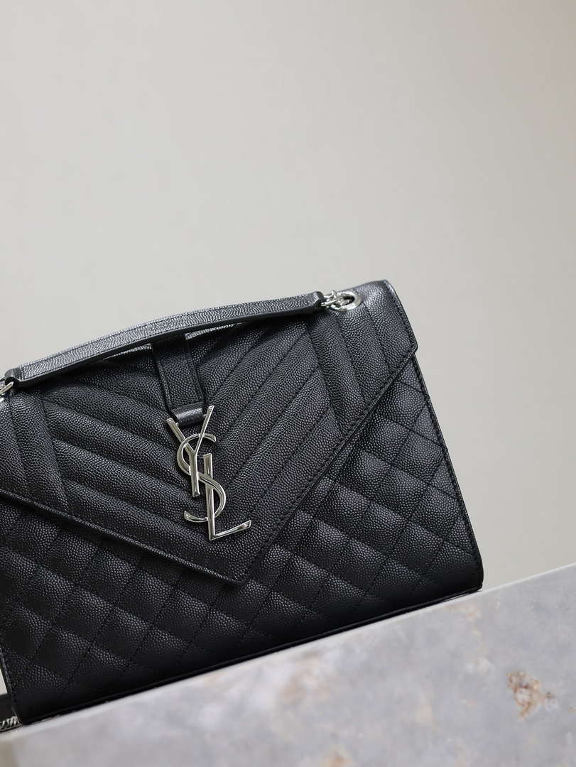 YSL 600185 Envelope Meduim In Quilted Grain De Poudre Embossed Leather Black Silver