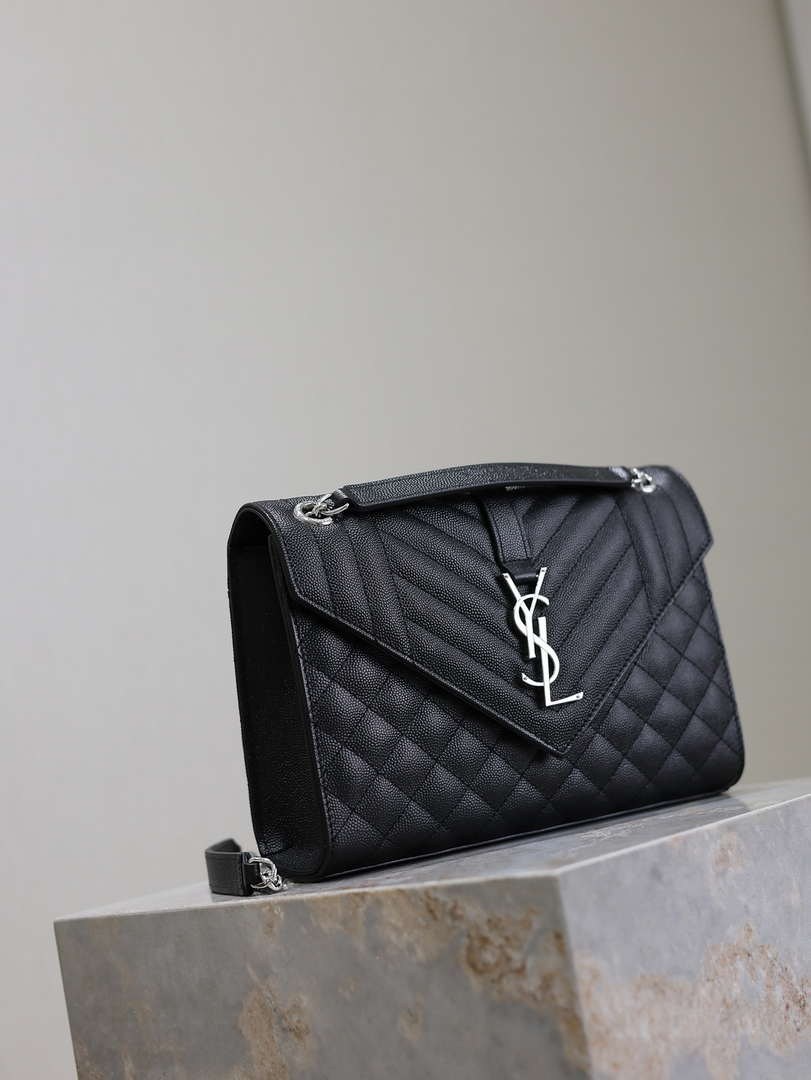 YSL 600185 Envelope Meduim In Quilted Grain De Poudre Embossed Leather Black Silver