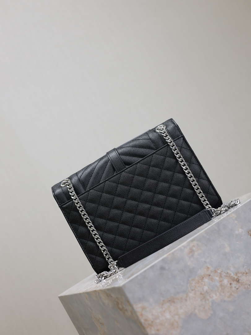 YSL 600185 Envelope Meduim In Quilted Grain De Poudre Embossed Leather Black Silver - Default Title - View 6