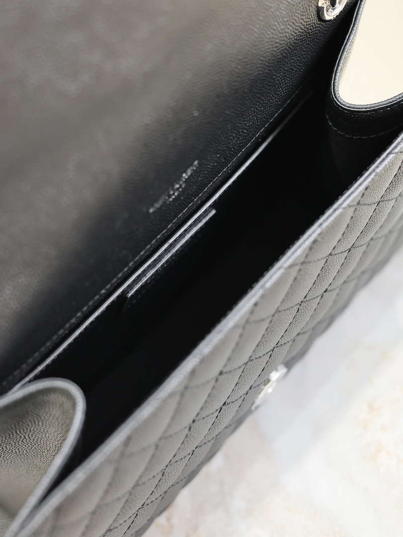 YSL 600185 Envelope Meduim In Quilted Grain De Poudre Embossed Leather Black Silver