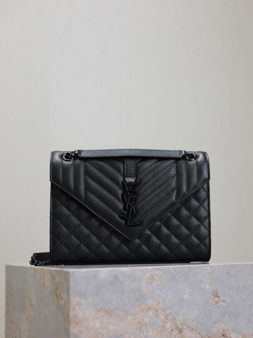 YSL 600185 Envelope Meduim In Quilted Grain De Poudre Embossed Leather Black with Black Hardware