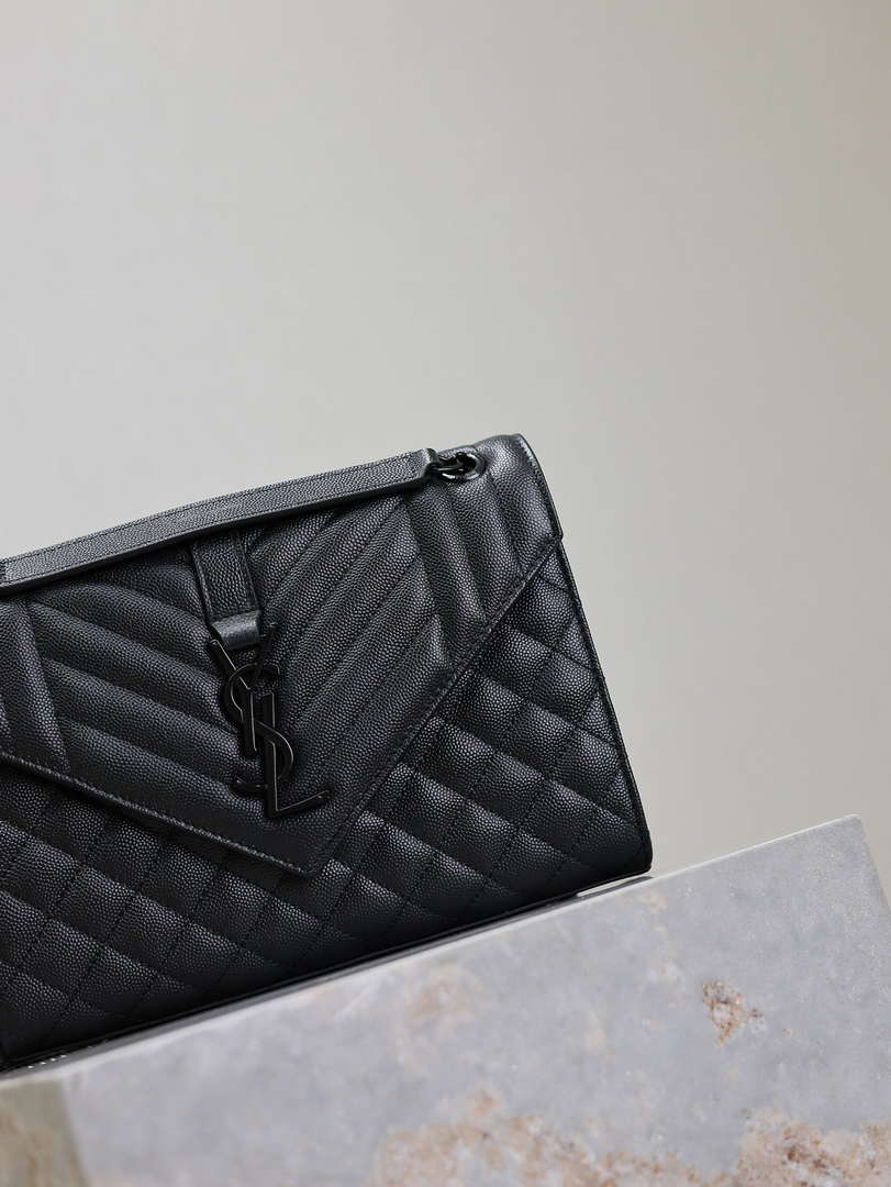 YSL 600185 Envelope Meduim In Quilted Grain De Poudre Embossed Leather Black with Black Hardware