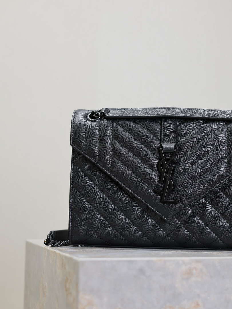 YSL 600185 Envelope Meduim In Quilted Grain De Poudre Embossed Leather Black with Black Hardware