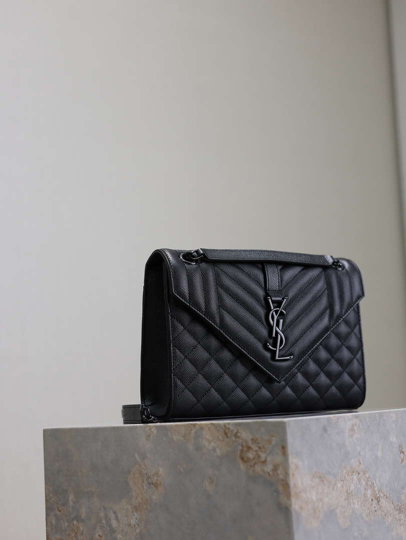 YSL 600185 Envelope Meduim In Quilted Grain De Poudre Embossed Leather Black with Black Hardware