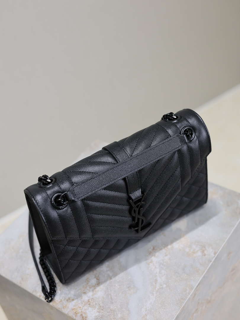 YSL 600185 Envelope Meduim In Quilted Grain De Poudre Embossed Leather Black with Black Hardware
