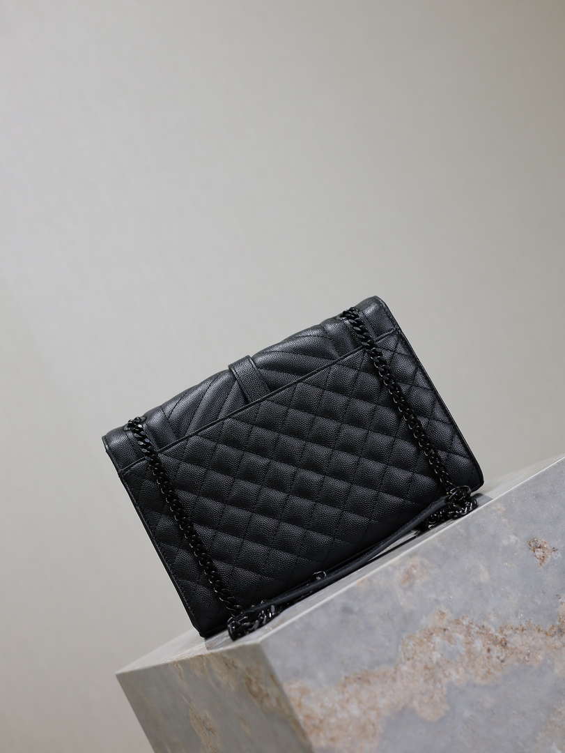 YSL 600185 Envelope Meduim In Quilted Grain De Poudre Embossed Leather Black with Black Hardware