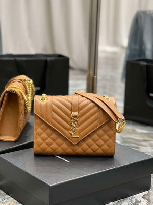 YSL 600185 Envelope Meduim In Quilted Grain De Poudre Embossed Leather Brown - Default Title - View 1