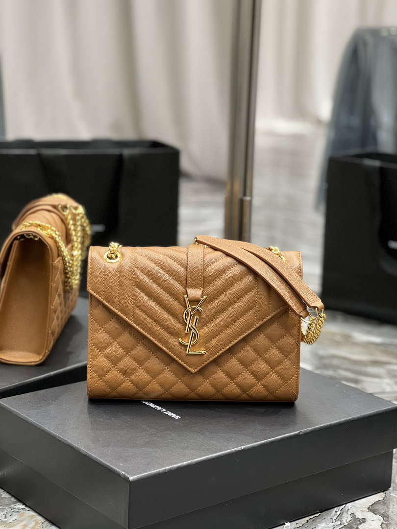 YSL 600185 Envelope Meduim In Quilted Grain De Poudre Embossed Leather Brown
