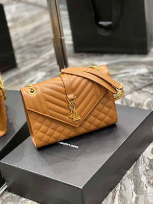YSL 600185 Envelope Meduim In Quilted Grain De Poudre Embossed Leather Brown - Default Title - View 2