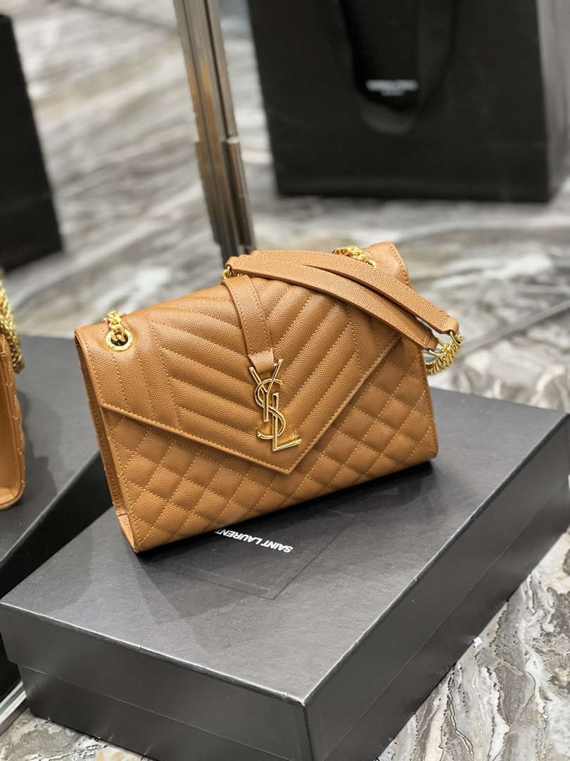 YSL 600185 Envelope Meduim In Quilted Grain De Poudre Embossed Leather Brown