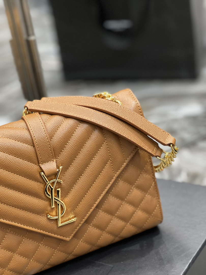 YSL 600185 Envelope Meduim In Quilted Grain De Poudre Embossed Leather Brown