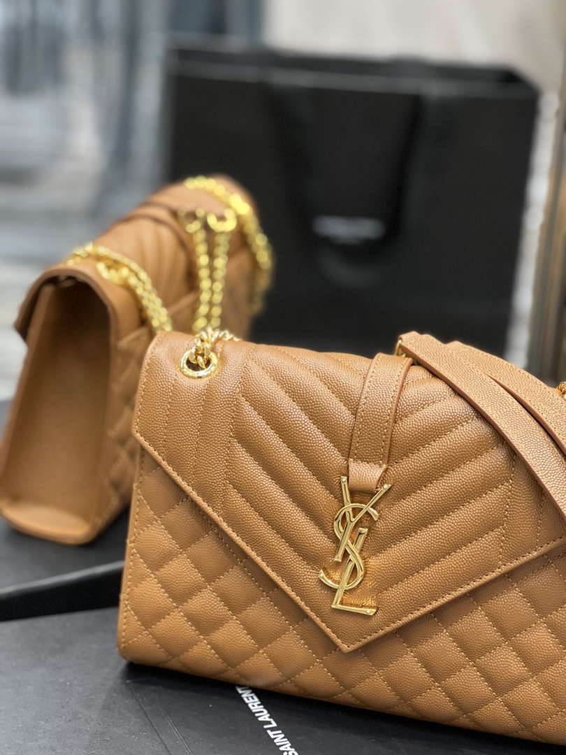 YSL 600185 Envelope Meduim In Quilted Grain De Poudre Embossed Leather Brown