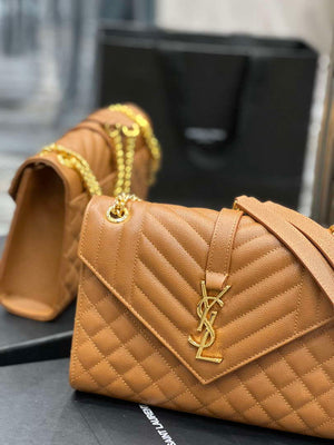 YSL 600185 Envelope Meduim In Quilted Grain De Poudre Embossed Leather Brown - Default Title - View 4