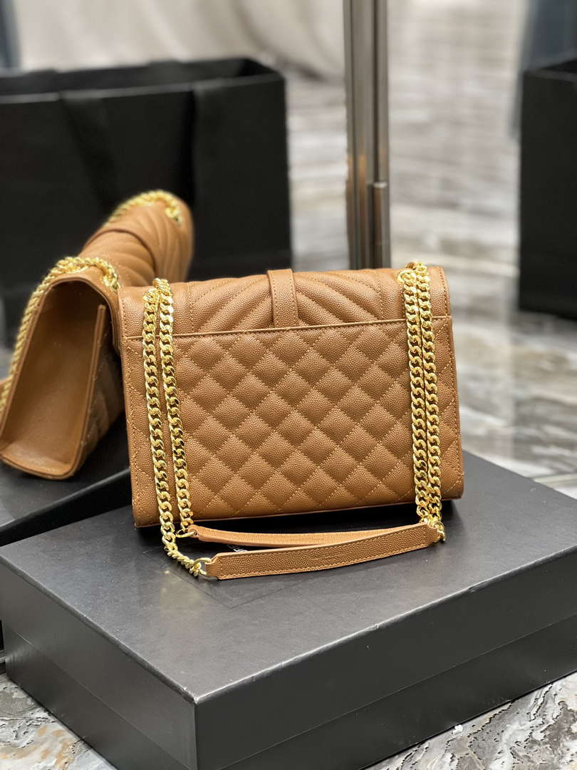 YSL 600185 Envelope Meduim In Quilted Grain De Poudre Embossed Leather Brown
