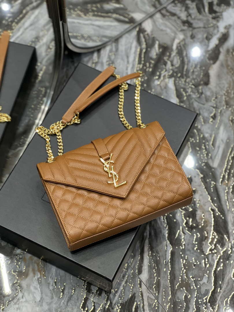 YSL 600185 Envelope Meduim In Quilted Grain De Poudre Embossed Leather Brown