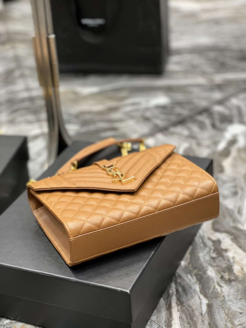 YSL 600185 Envelope Meduim In Quilted Grain De Poudre Embossed Leather Brown