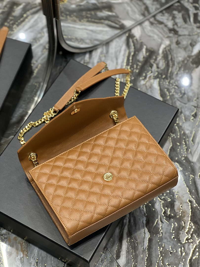 YSL 600185 Envelope Meduim In Quilted Grain De Poudre Embossed Leather Brown