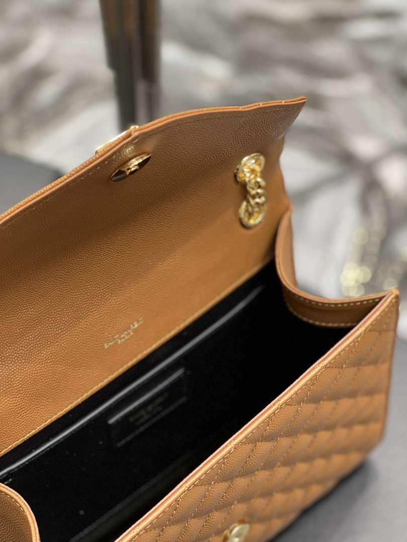YSL 600185 Envelope Meduim In Quilted Grain De Poudre Embossed Leather Brown