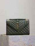 YSL 600185 Envelope Meduim In Quilted Grain De Poudre Embossed Leather Dark Green