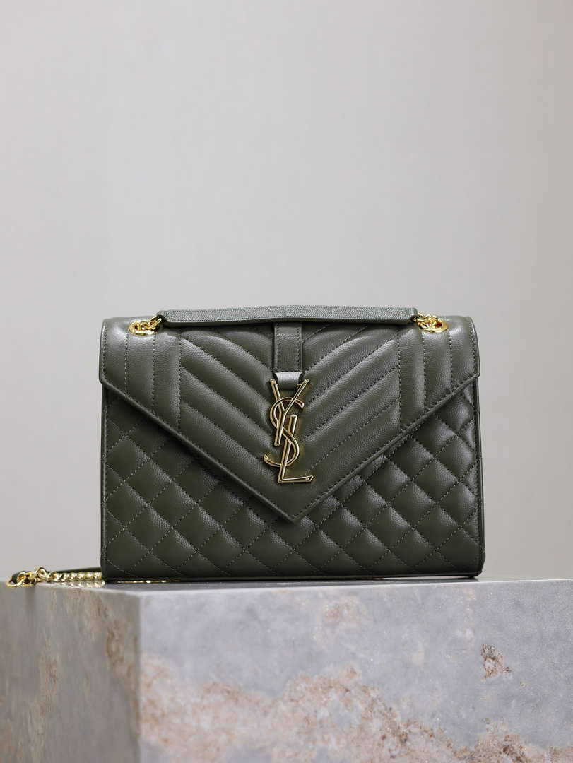 YSL 600185 Envelope Meduim In Quilted Grain De Poudre Embossed Leather Dark Green