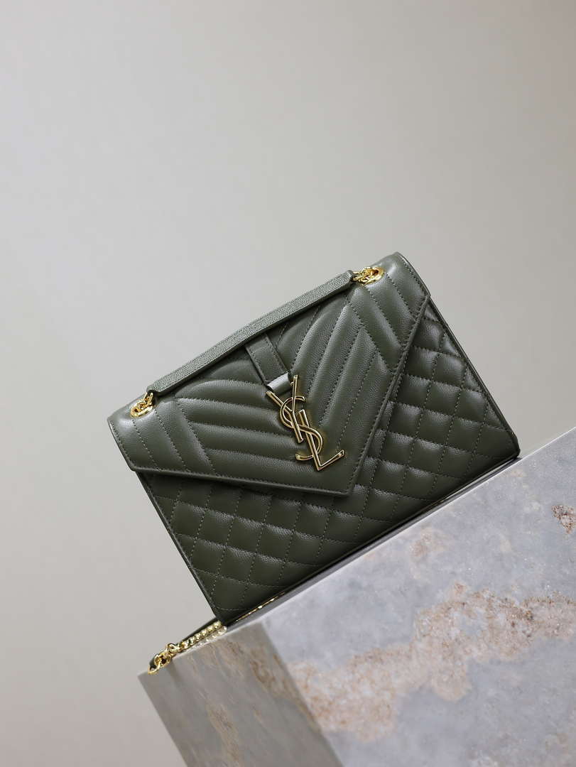 YSL 600185 Envelope Meduim In Quilted Grain De Poudre Embossed Leather Dark Green