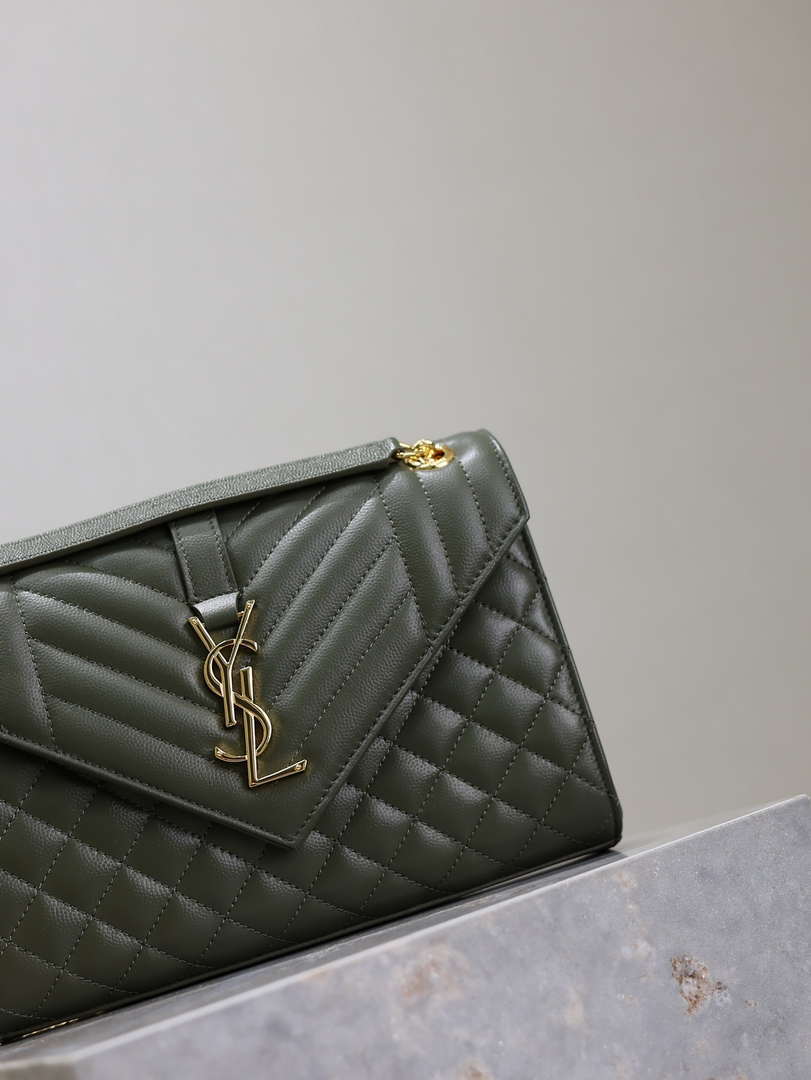 YSL 600185 Envelope Meduim In Quilted Grain De Poudre Embossed Leather Dark Green