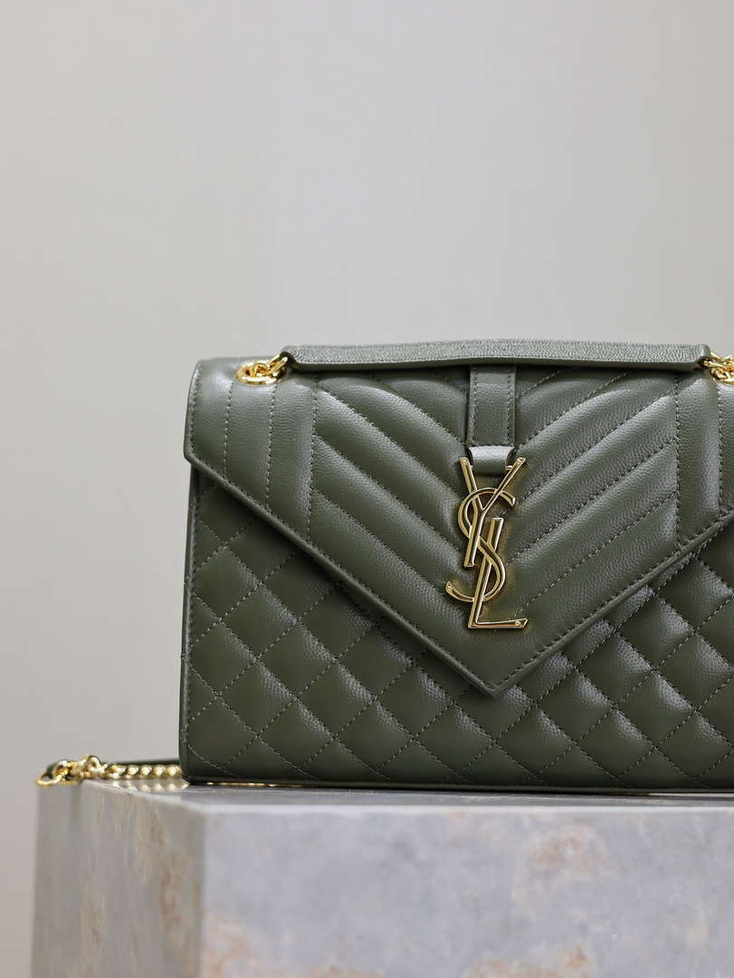 YSL 600185 Envelope Meduim In Quilted Grain De Poudre Embossed Leather Dark Green