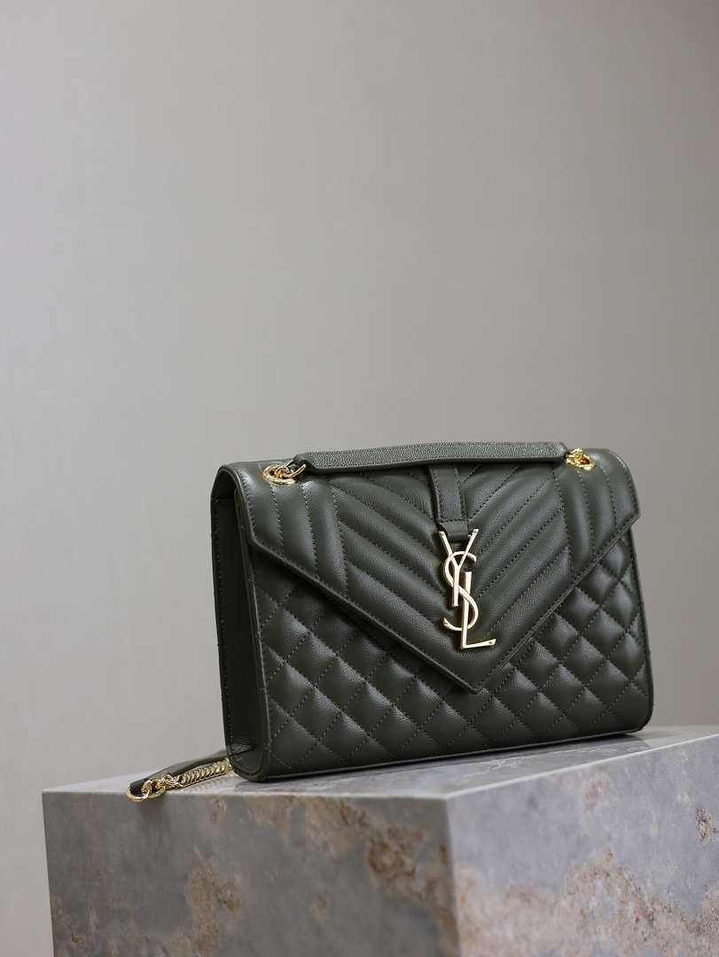 YSL 600185 Envelope Meduim In Quilted Grain De Poudre Embossed Leather Dark Green