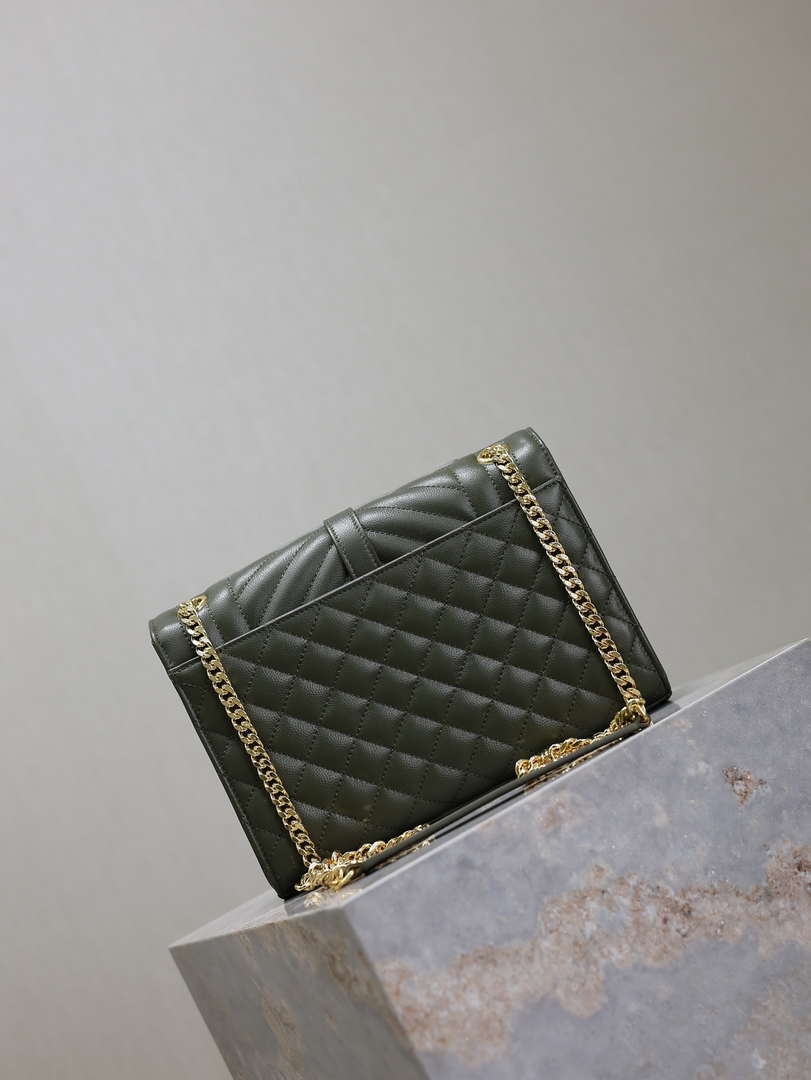 YSL 600185 Envelope Meduim In Quilted Grain De Poudre Embossed Leather Dark Green