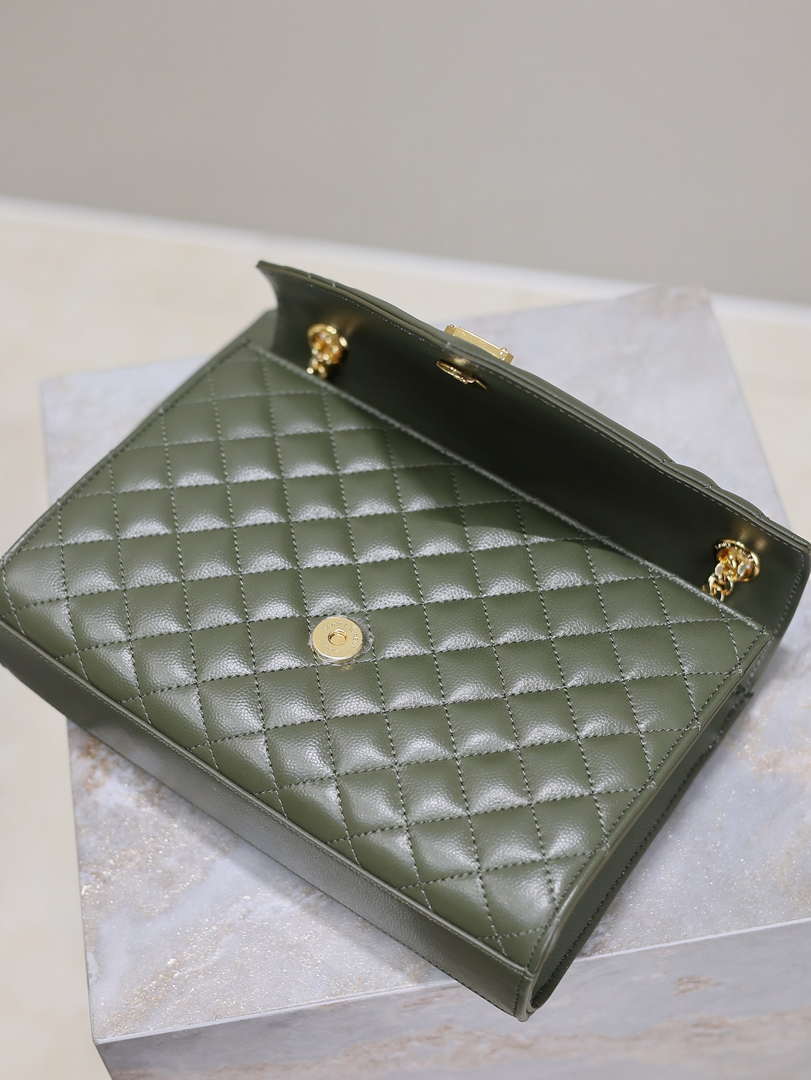YSL 600185 Envelope Meduim In Quilted Grain De Poudre Embossed Leather Dark Green