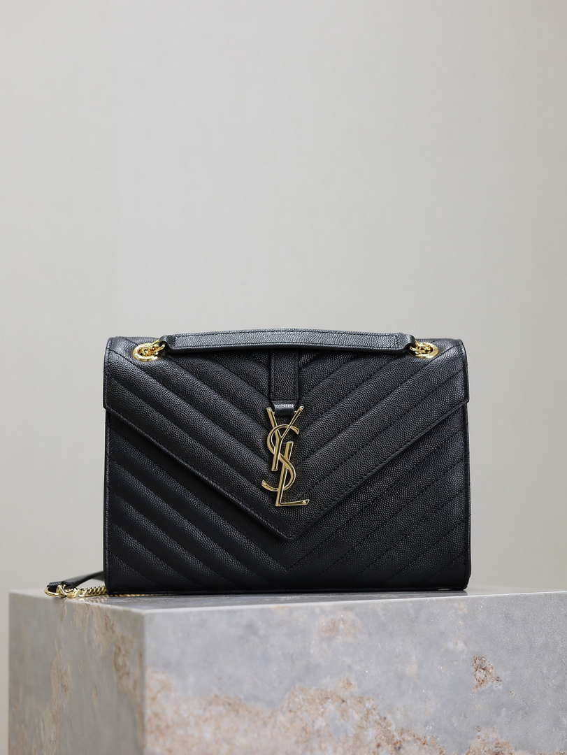 YSL 600185 Envelope Meduim In Quilted Grain De Poudre Embossed Leather V Gird Black